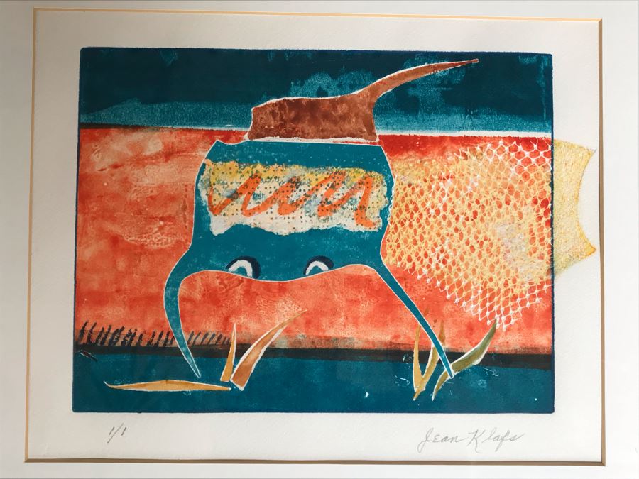 Original Jean Klafs Abstract Expressionist Framed Monotype On Paper Titled 'Aquatic Creatures Series I' 18 X 21 [Photo 3]