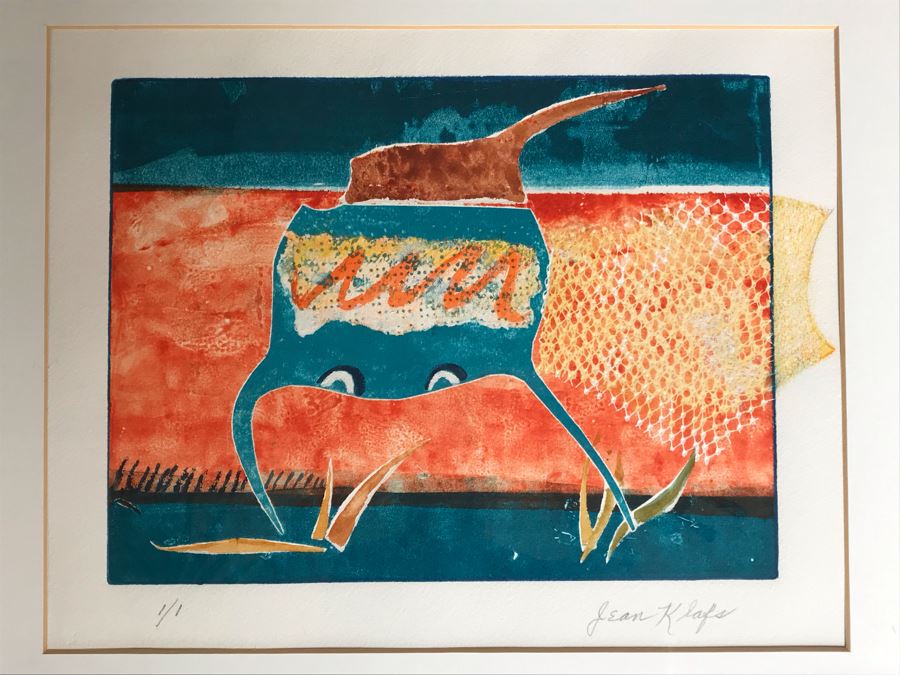 Original Jean Klafs Abstract Expressionist Framed Monotype On Paper Titled 'Aquatic Creatures Series I' 18 X 21 [Photo 1]