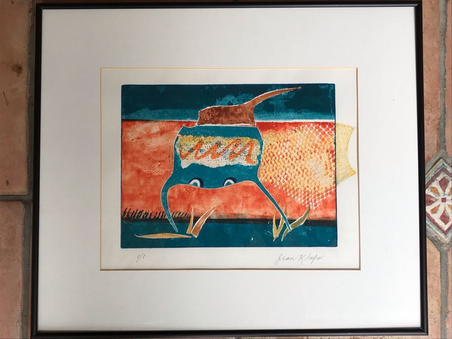 Original Jean Klafs Abstract Expressionist Framed Monotype On Paper Titled 'Aquatic Creatures Series I' 18 X 21 [Photo 2]