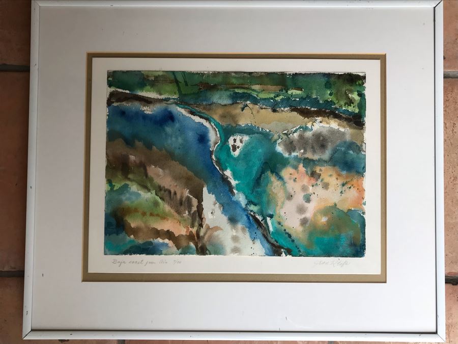 Original Jean Klafs Abstract Expressionist Framed Watercolor Painting On Paper Titled 'Baja Coast From Air' 18 X 22 [Photo 2]