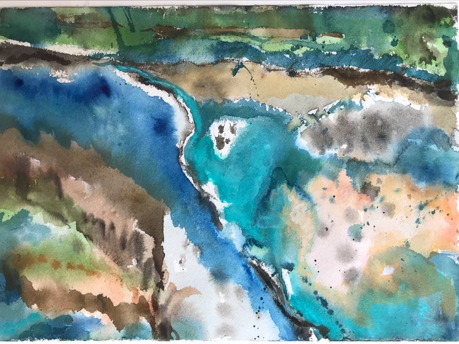 Original Jean Klafs Abstract Expressionist Framed Watercolor Painting On Paper Titled 'Baja Coast From Air' 18 X 22 [Photo 3]