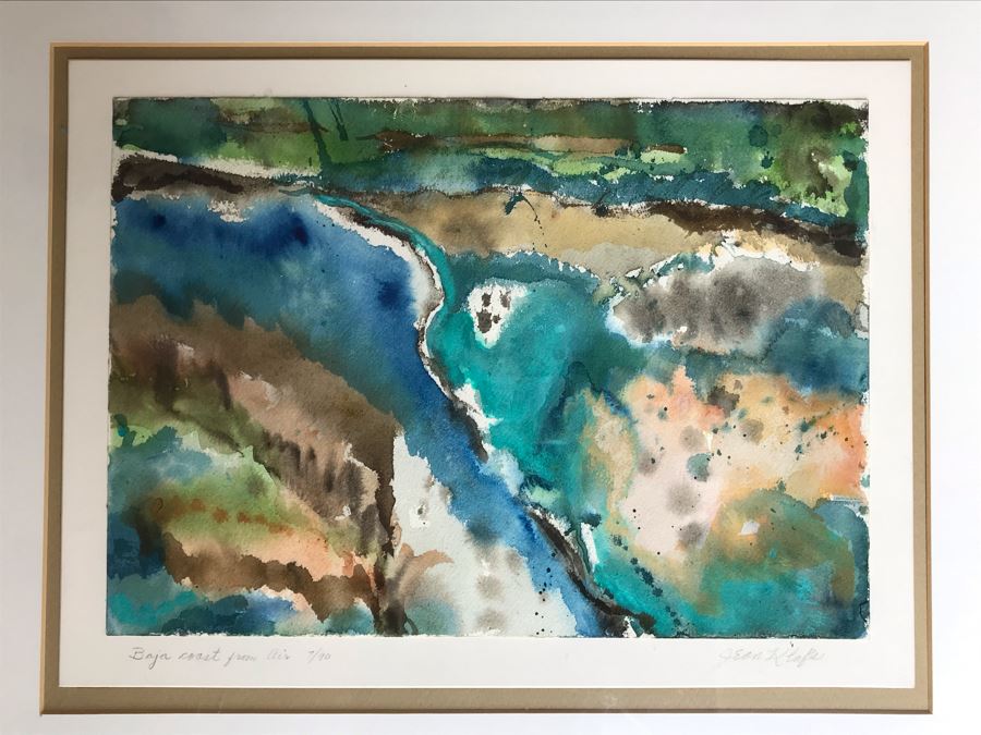 Original Jean Klafs Abstract Expressionist Framed Watercolor Painting On Paper Titled 'Baja Coast From Air' 18 X 22