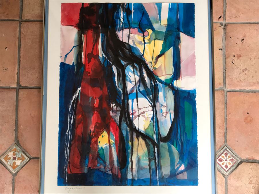 Original Jean Klafs Abstract Expressionist Framed Watercolor Painting On Paper Titled 'Organism' 36 X 29 [Photo 2]