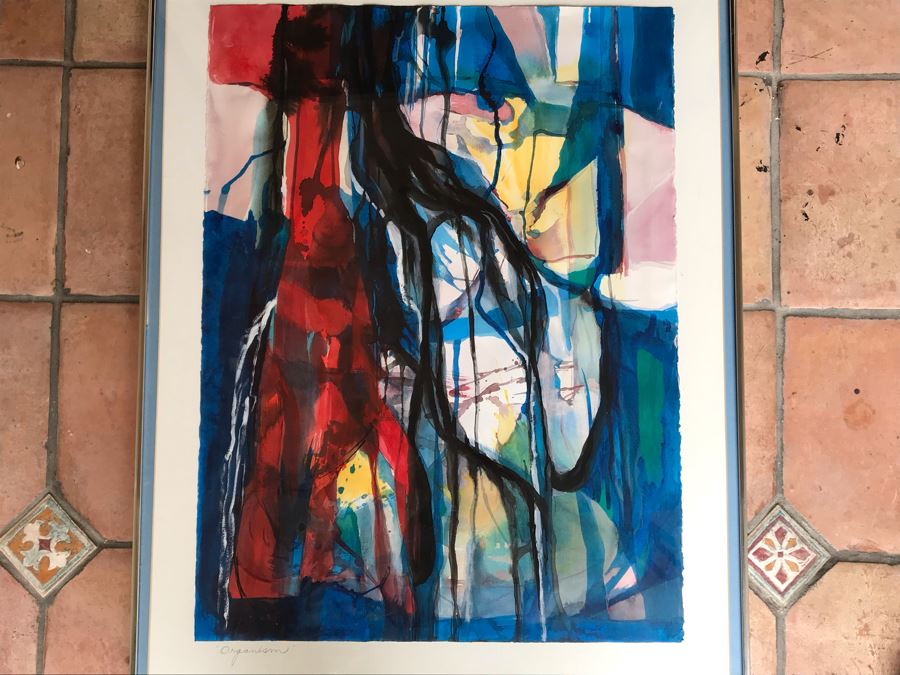 Original Jean Klafs Abstract Expressionist Framed Watercolor Painting On Paper Titled 'Organism' 36 X 29