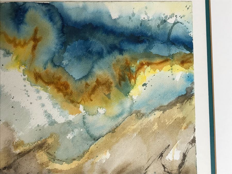 Original Jean Klafs Abstract Expressionist Framed Watercolor Painting On Paper Titled 'Baja Coast From Air' 18 X 22 [Photo 4]