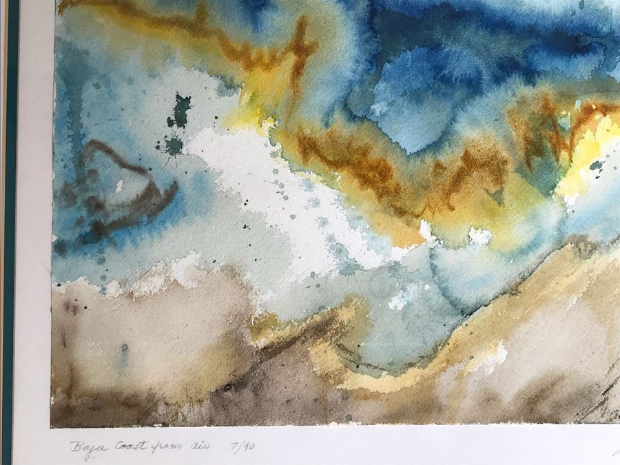 Original Jean Klafs Abstract Expressionist Framed Watercolor Painting On Paper Titled 'Baja Coast From Air' 18 X 22 [Photo 3]