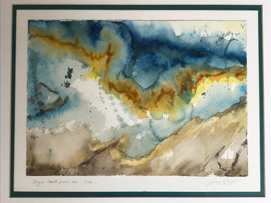 Original Jean Klafs Abstract Expressionist Framed Watercolor Painting On Paper Titled 'Baja Coast From Air' 18 X 22