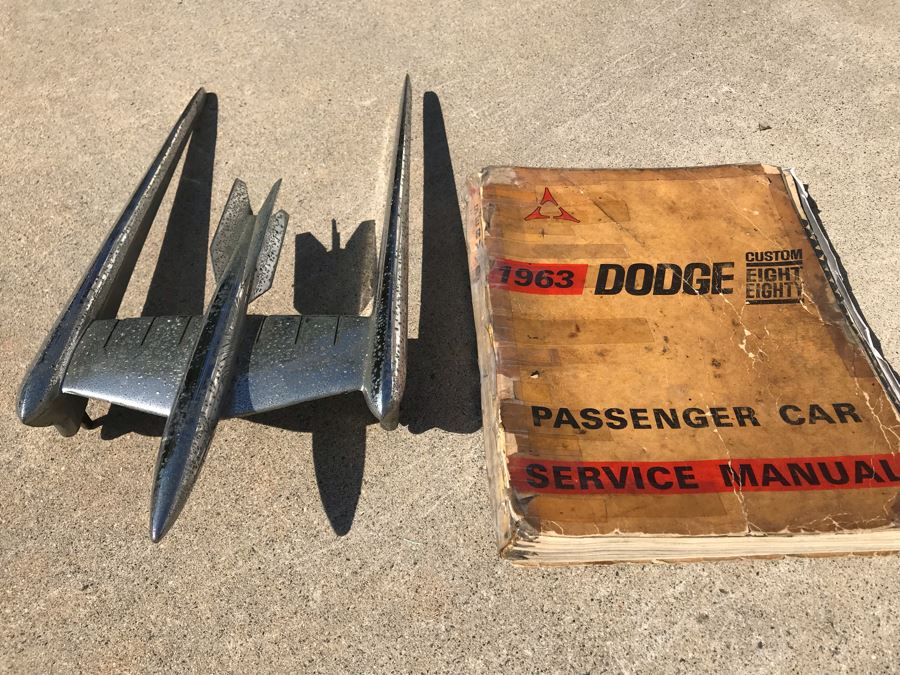 Vintage 1963 Dodge Chrome Hood Ornament With Original 1963 Dodge Custom Eight Eighty Pasenger Car Service Manual [Photo 2]
