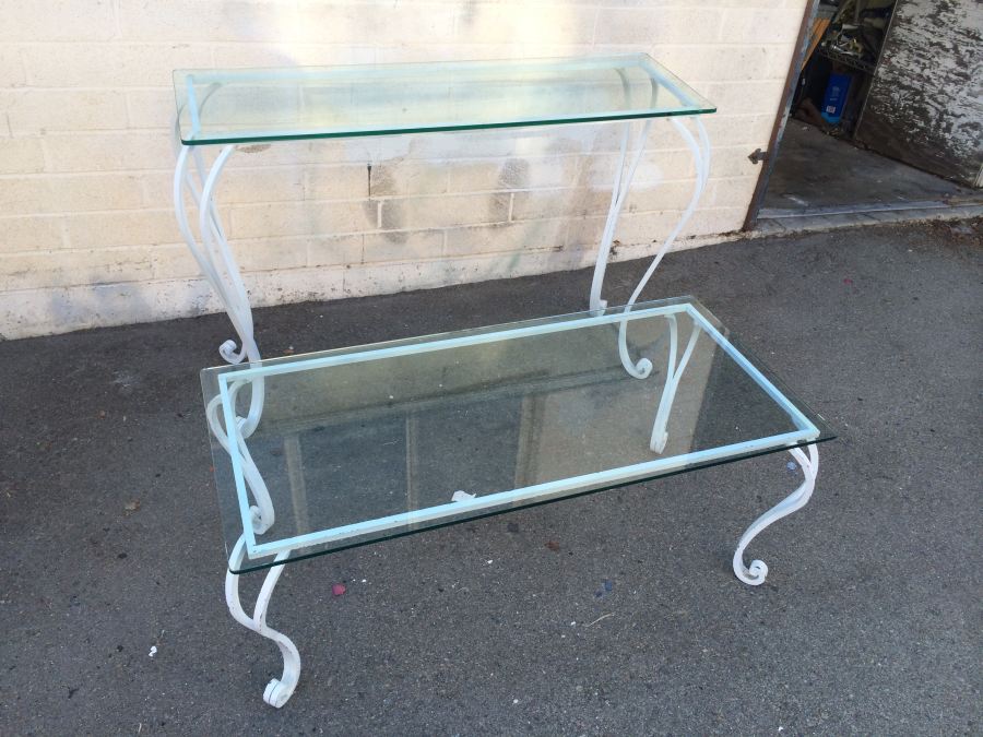 (2) White Metal Glass-Top Console Table and Coffee Table [Photo 1]