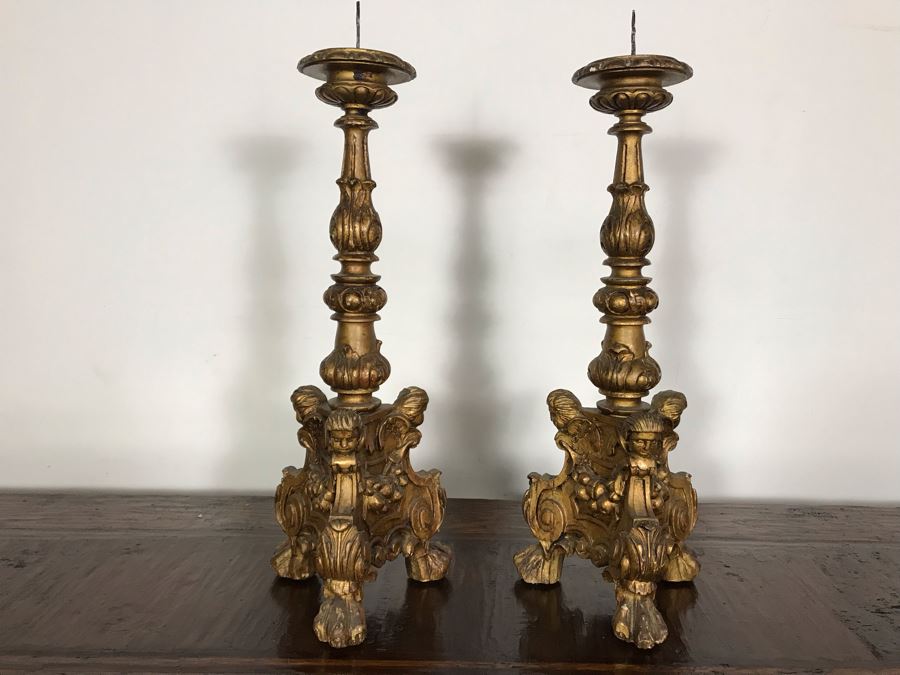 JUST ADDED - Antique Gilded Carved Wooden Candle Holders Decorated With Cherubs And Claw Feet 28H [Photo 2]