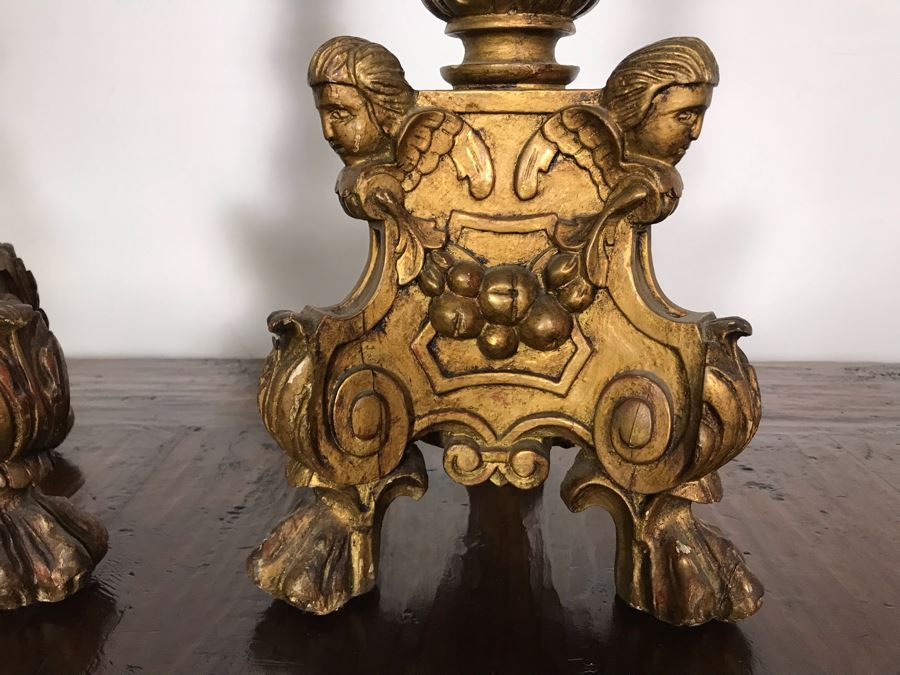 JUST ADDED - Antique Gilded Carved Wooden Candle Holders Decorated With Cherubs And Claw Feet 28H [Photo 8]