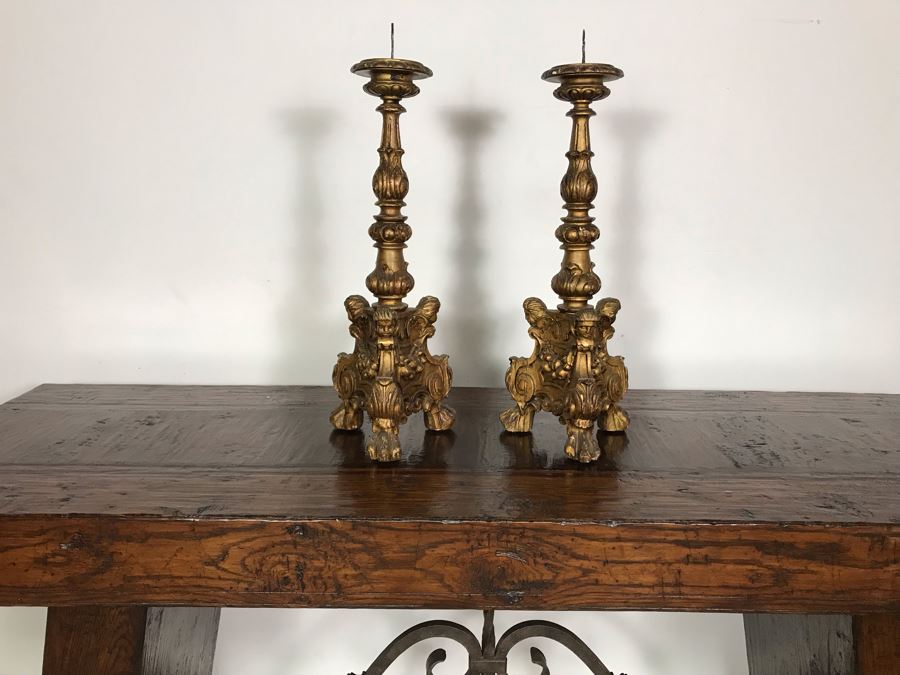 JUST ADDED - Antique Gilded Carved Wooden Candle Holders Decorated With Cherubs And Claw Feet 28H [Photo 13]