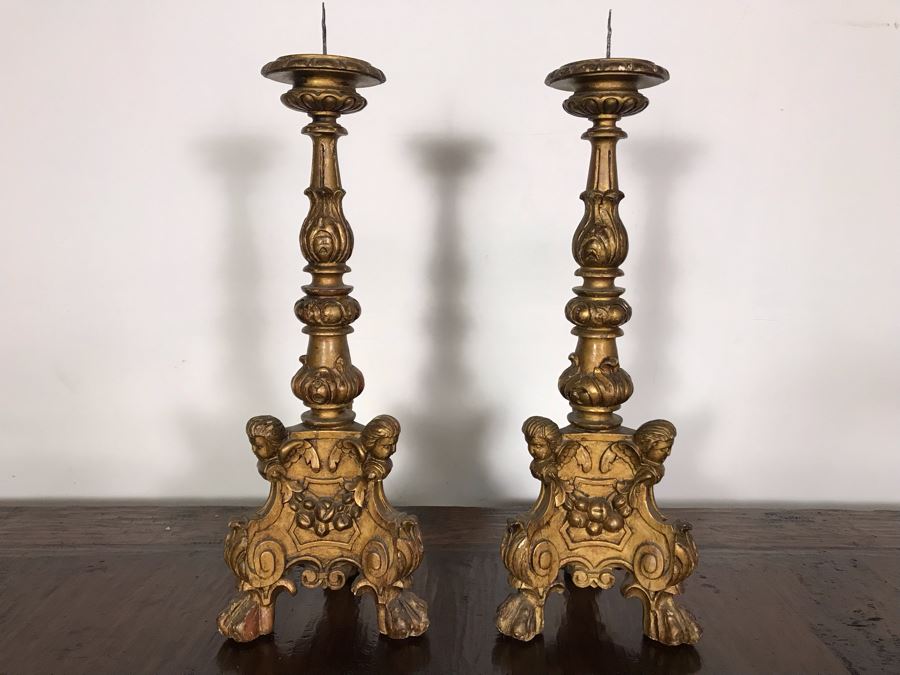 JUST ADDED - Antique Gilded Carved Wooden Candle Holders Decorated With Cherubs And Claw Feet 28H