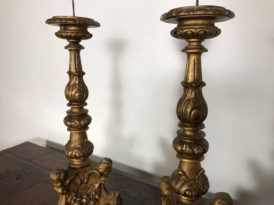 JUST ADDED - Antique Gilded Carved Wooden Candle Holders Decorated With Cherubs And Claw Feet 28H [Photo 6]