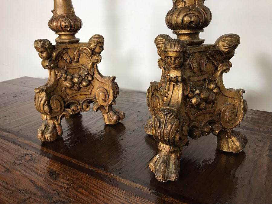 JUST ADDED - Antique Gilded Carved Wooden Candle Holders Decorated With Cherubs And Claw Feet 28H [Photo 5]