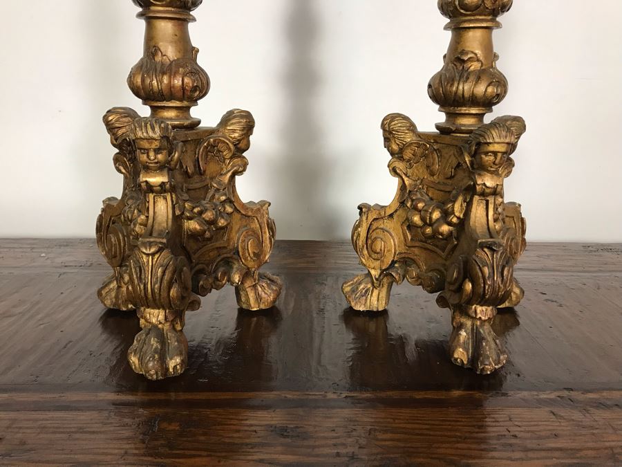JUST ADDED - Antique Gilded Carved Wooden Candle Holders Decorated With Cherubs And Claw Feet 28H [Photo 3]