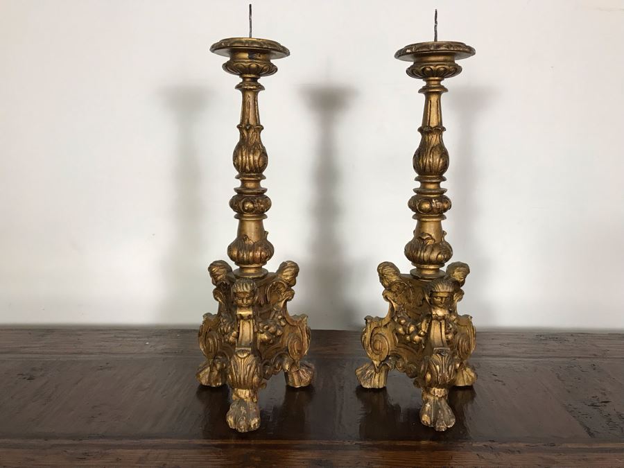 JUST ADDED - Antique Gilded Carved Wooden Candle Holders Decorated With Cherubs And Claw Feet 28H [Photo 12]