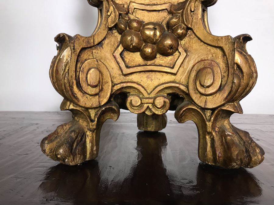 JUST ADDED - Antique Gilded Carved Wooden Candle Holders Decorated With Cherubs And Claw Feet 28H [Photo 9]