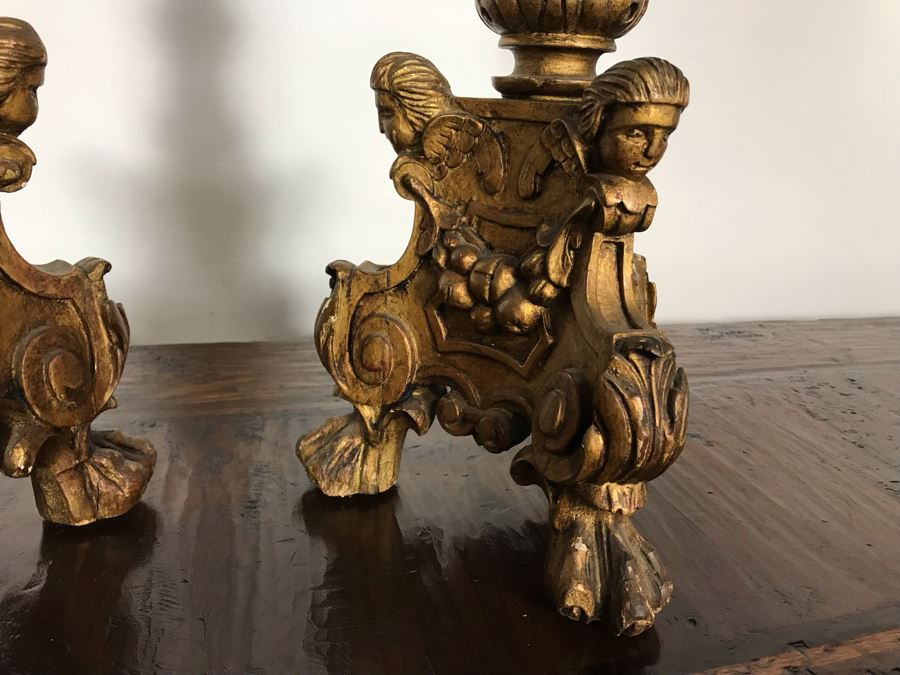 JUST ADDED - Antique Gilded Carved Wooden Candle Holders Decorated With Cherubs And Claw Feet 28H [Photo 4]