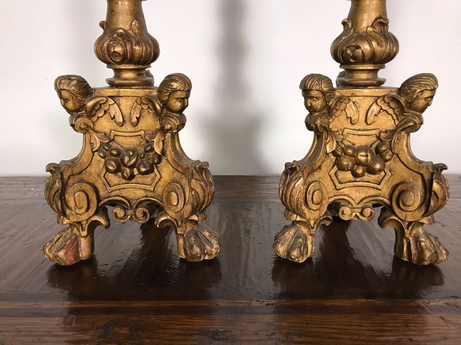 JUST ADDED - Antique Gilded Carved Wooden Candle Holders Decorated With Cherubs And Claw Feet 28H [Photo 7]