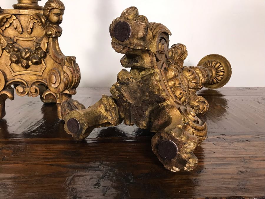 JUST ADDED - Antique Gilded Carved Wooden Candle Holders Decorated With Cherubs And Claw Feet 28H [Photo 11]