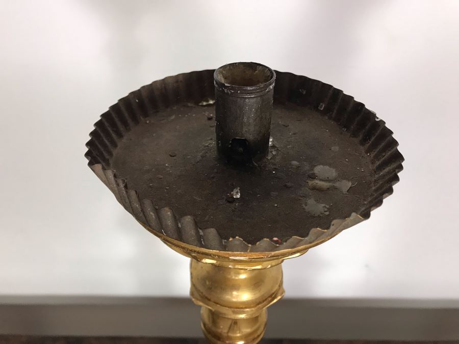 JUST ADDED - Antique Italian Gilded Carved Wooden Church Candle Holder With Tag 'Premiato Laboratorio C. Prinotti Mondovi-Breo Casa Fondata Neu 1880' 32H [Photo 8]