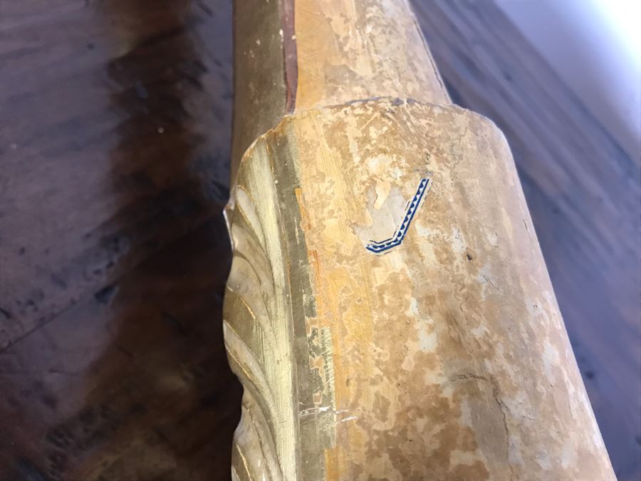 JUST ADDED - Antique Italian Gilded Carved Wooden Church Candle Holder With Tag 'Premiato Laboratorio C. Prinotti Mondovi-Breo Casa Fondata Neu 1880' 32H [Photo 16]