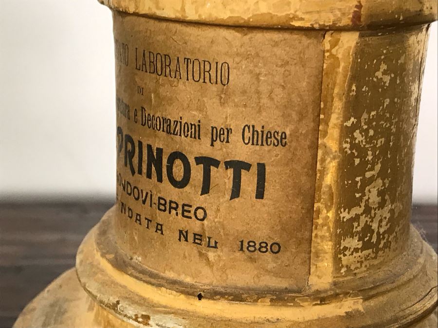 JUST ADDED - Antique Italian Gilded Carved Wooden Church Candle Holder With Tag 'Premiato Laboratorio C. Prinotti Mondovi-Breo Casa Fondata Neu 1880' 32H [Photo 13]