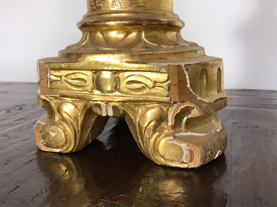 JUST ADDED - Antique Italian Gilded Carved Wooden Church Candle Holder With Tag 'Premiato Laboratorio C. Prinotti Mondovi-Breo Casa Fondata Neu 1880' 32H [Photo 15]