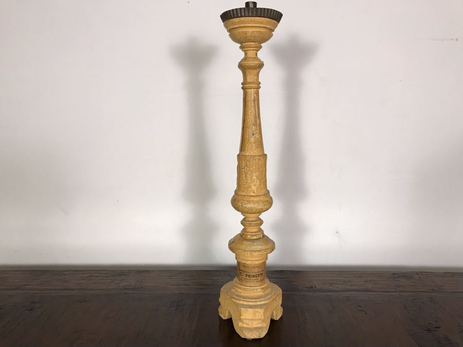 JUST ADDED - Antique Italian Gilded Carved Wooden Church Candle Holder With Tag 'Premiato Laboratorio C. Prinotti Mondovi-Breo Casa Fondata Neu 1880' 32H [Photo 9]