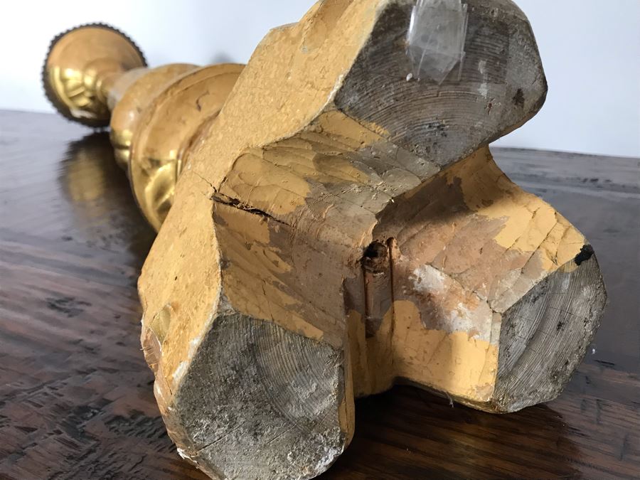 JUST ADDED - Antique Italian Gilded Carved Wooden Church Candle Holder With Tag 'Premiato Laboratorio C. Prinotti Mondovi-Breo Casa Fondata Neu 1880' 32H [Photo 17]