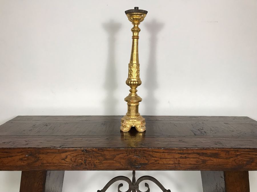 JUST ADDED - Antique Italian Gilded Carved Wooden Church Candle Holder With Tag 'Premiato Laboratorio C. Prinotti Mondovi-Breo Casa Fondata Neu 1880' 32H [Photo 3]