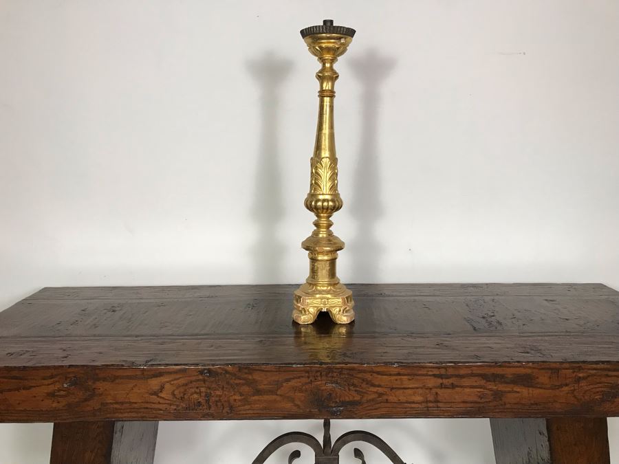 JUST ADDED - Antique Italian Gilded Carved Wooden Church Candle Holder With Tag 'Premiato Laboratorio C. Prinotti Mondovi-Breo Casa Fondata Neu 1880' 32H [Photo 4]