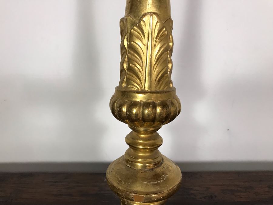 JUST ADDED - Antique Italian Gilded Carved Wooden Church Candle Holder With Tag 'Premiato Laboratorio C. Prinotti Mondovi-Breo Casa Fondata Neu 1880' 32H [Photo 6]