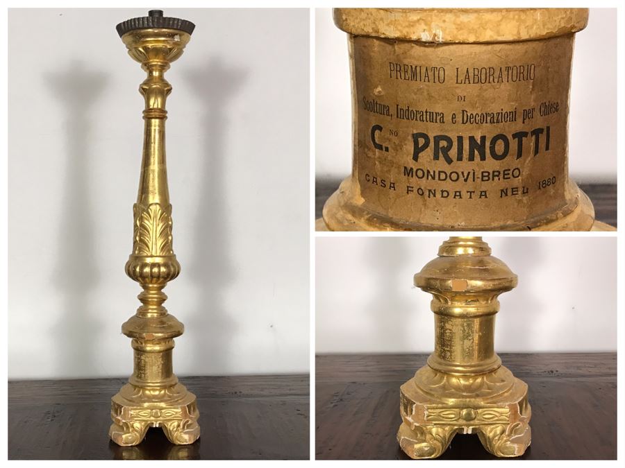 JUST ADDED - Antique Italian Gilded Carved Wooden Church Candle Holder With Tag 'Premiato Laboratorio C. Prinotti Mondovi-Breo Casa Fondata Neu 1880' 32H