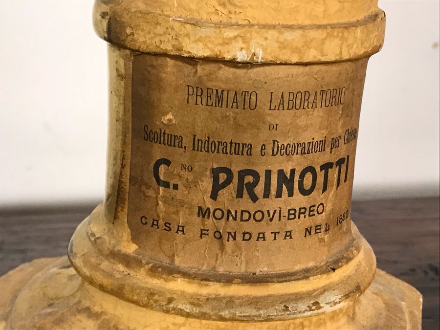 JUST ADDED - Antique Italian Gilded Carved Wooden Church Candle Holder With Tag 'Premiato Laboratorio C. Prinotti Mondovi-Breo Casa Fondata Neu 1880' 32H [Photo 12]
