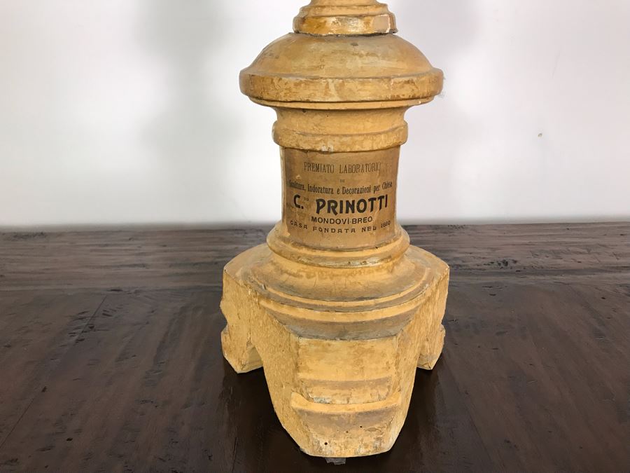JUST ADDED - Antique Italian Gilded Carved Wooden Church Candle Holder With Tag 'Premiato Laboratorio C. Prinotti Mondovi-Breo Casa Fondata Neu 1880' 32H [Photo 10]