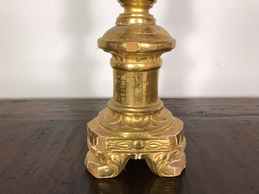 JUST ADDED - Antique Italian Gilded Carved Wooden Church Candle Holder With Tag 'Premiato Laboratorio C. Prinotti Mondovi-Breo Casa Fondata Neu 1880' 32H [Photo 5]