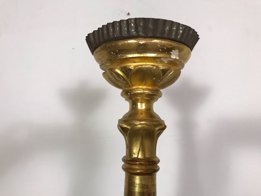 JUST ADDED - Antique Italian Gilded Carved Wooden Church Candle Holder With Tag 'Premiato Laboratorio C. Prinotti Mondovi-Breo Casa Fondata Neu 1880' 32H [Photo 7]