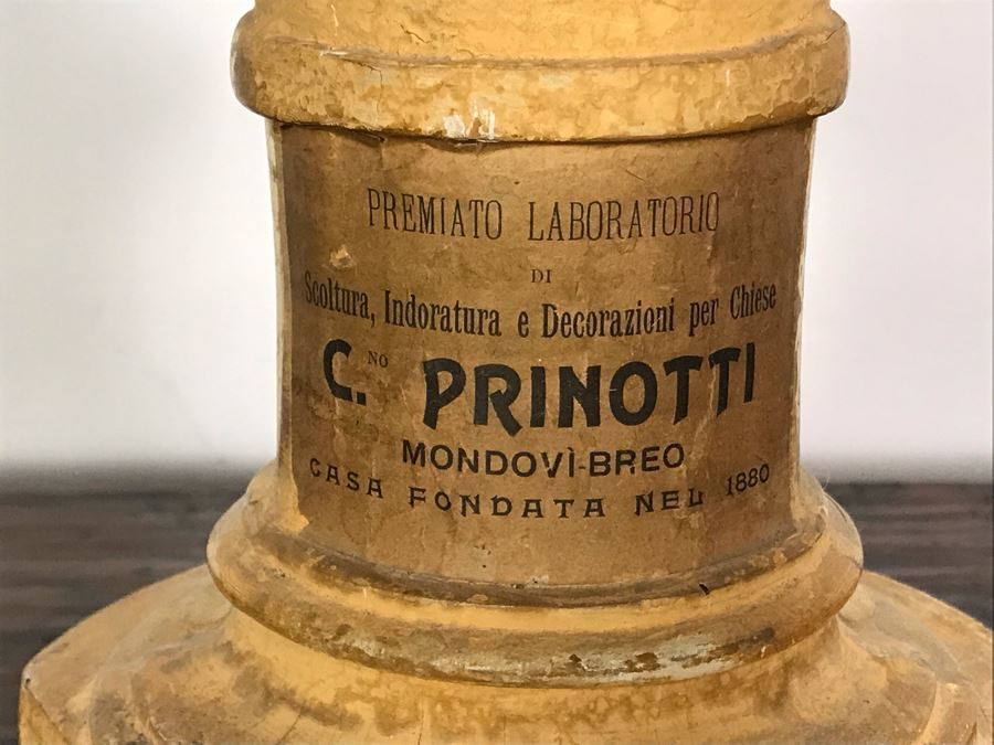 JUST ADDED - Antique Italian Gilded Carved Wooden Church Candle Holder With Tag 'Premiato Laboratorio C. Prinotti Mondovi-Breo Casa Fondata Neu 1880' 32H [Photo 11]