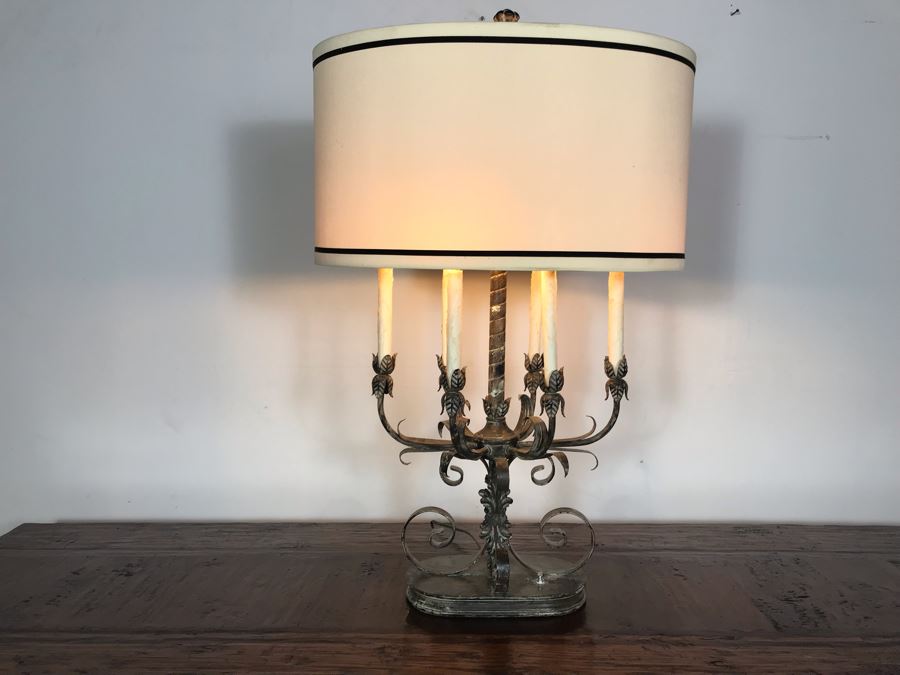 JUST ADDED - Stunning Vintage Metal 6-Light Candelabra Lamp With 2 Additional Overhead Sockets (One Overhead Socket Needs To Be Replaced) 36H [Photo 2]