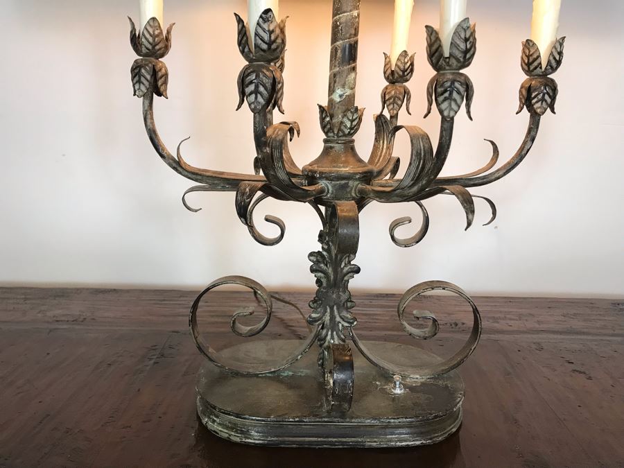 JUST ADDED - Stunning Vintage Metal 6-Light Candelabra Lamp With 2 Additional Overhead Sockets (One Overhead Socket Needs To Be Replaced) 36H [Photo 7]