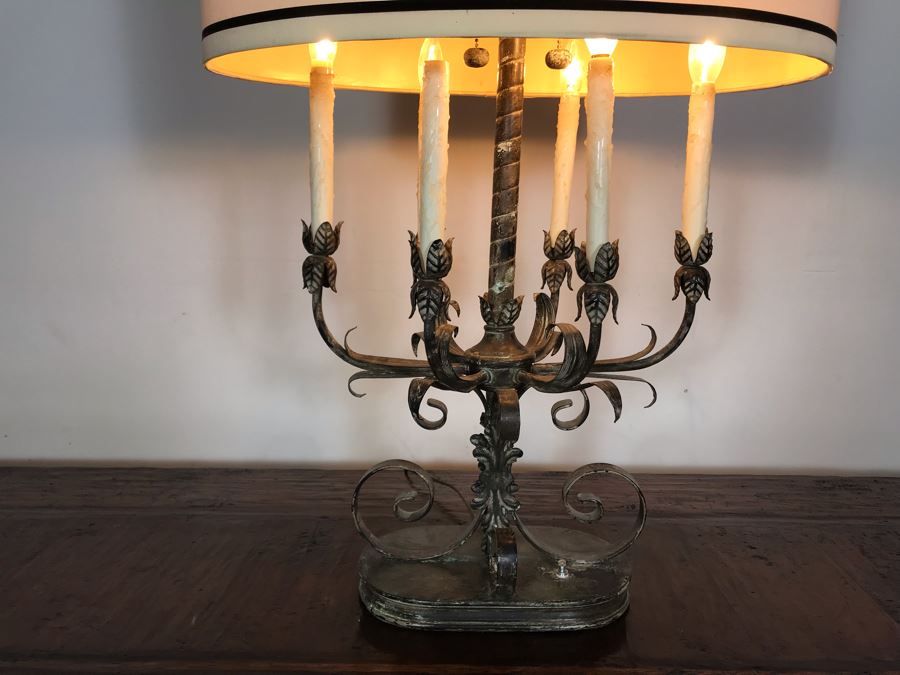 JUST ADDED - Stunning Vintage Metal 6-Light Candelabra Lamp With 2 Additional Overhead Sockets (One Overhead Socket Needs To Be Replaced) 36H [Photo 6]