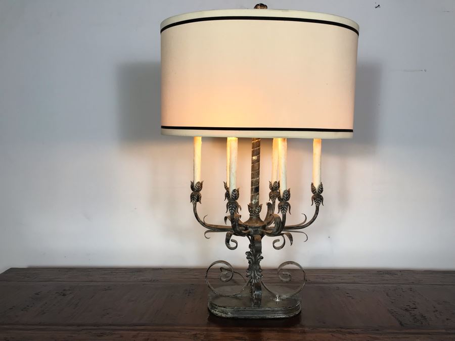 JUST ADDED - Stunning Vintage Metal 6-Light Candelabra Lamp With 2 Additional Overhead Sockets (One Overhead Socket Needs To Be Replaced) 36H