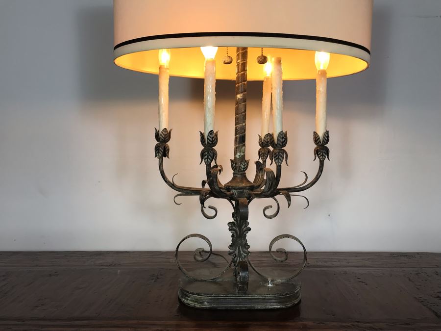 JUST ADDED - Stunning Vintage Metal 6-Light Candelabra Lamp With 2 Additional Overhead Sockets (One Overhead Socket Needs To Be Replaced) 36H [Photo 3]