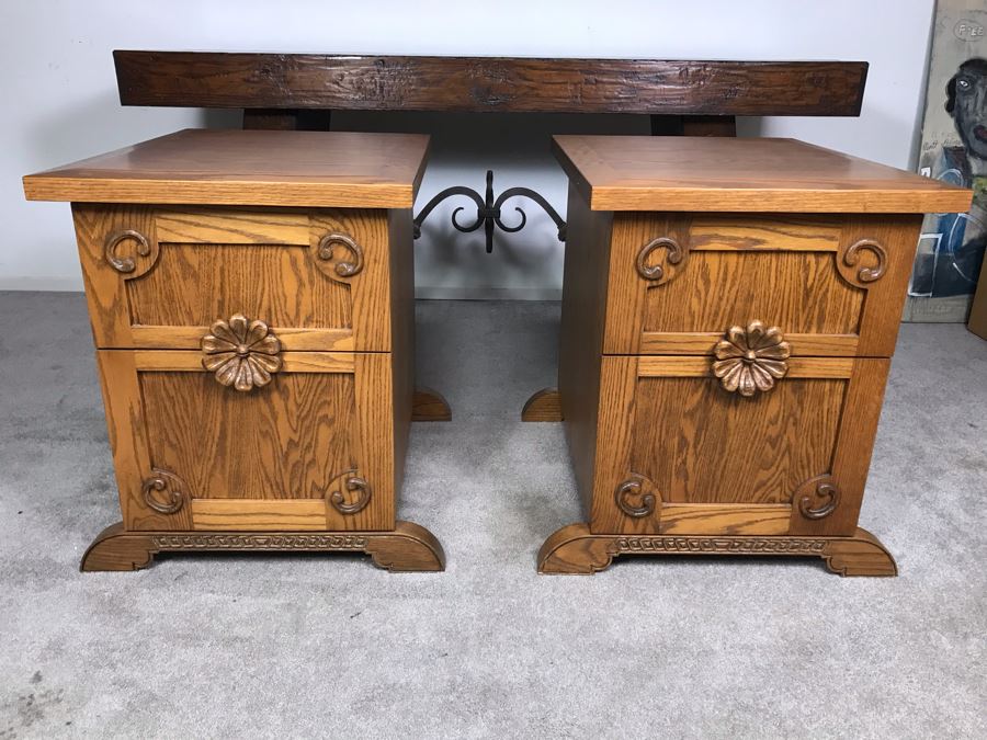 JUST ADDED - Pair Of Custom Made Hand Carved Oak Wooden Filing Cabinets 27W X 28D X 29.5H [Photo 2]