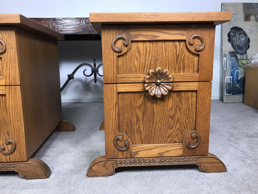 JUST ADDED - Pair Of Custom Made Hand Carved Oak Wooden Filing Cabinets 27W X 28D X 29.5H [Photo 6]