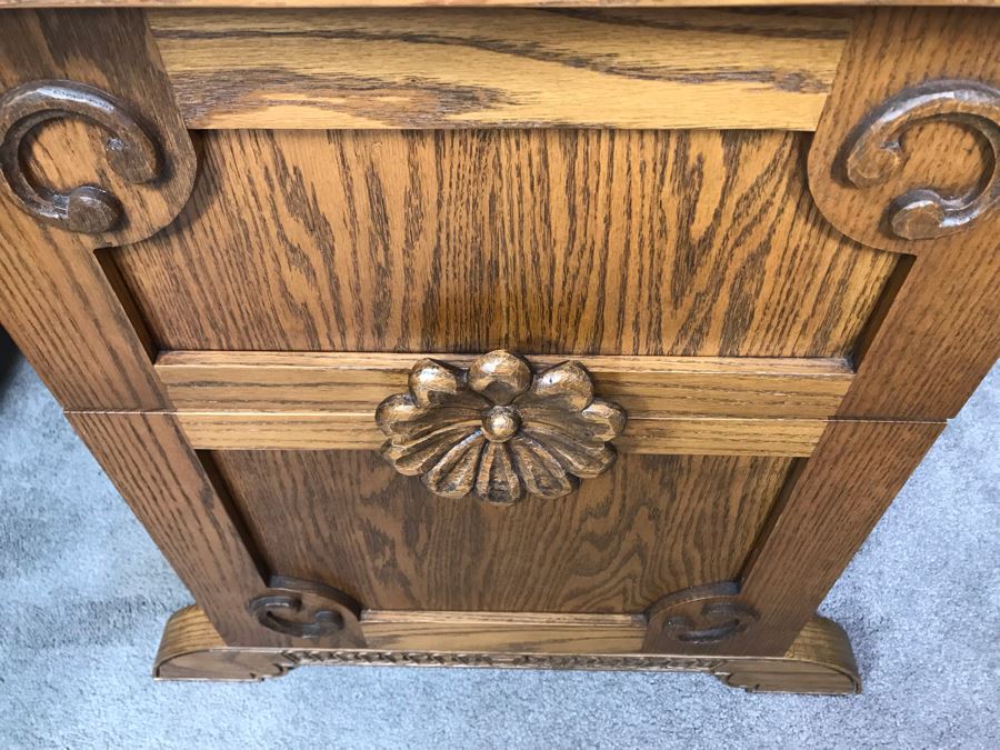 JUST ADDED - Pair Of Custom Made Hand Carved Oak Wooden Filing Cabinets 27W X 28D X 29.5H [Photo 12]