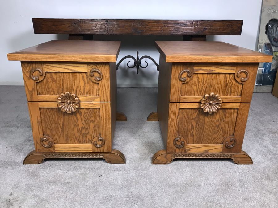JUST ADDED - Pair Of Custom Made Hand Carved Oak Wooden Filing Cabinets 27W X 28D X 29.5H [Photo 3]