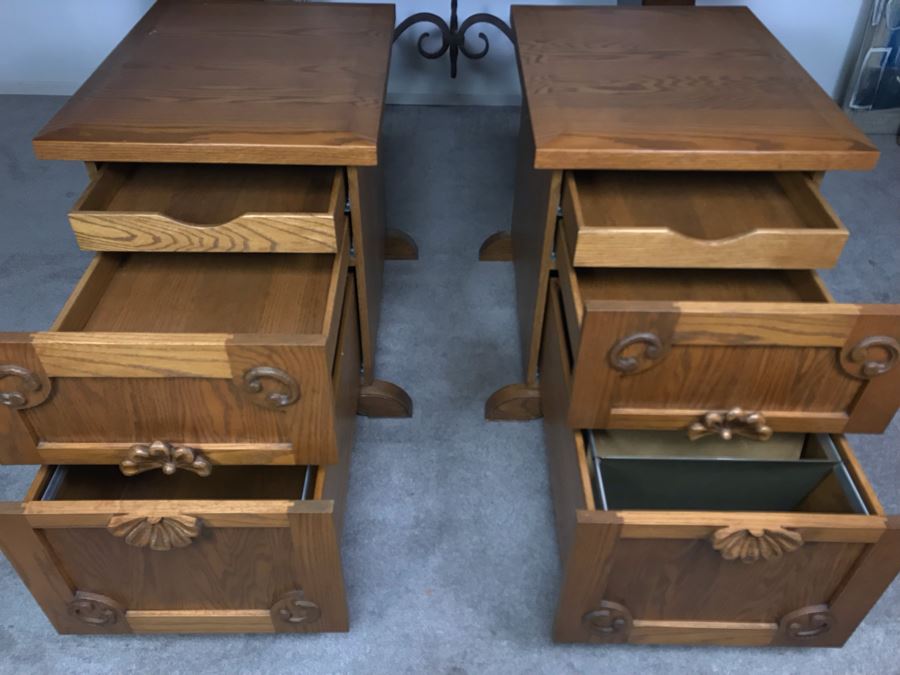 JUST ADDED - Pair Of Custom Made Hand Carved Oak Wooden Filing Cabinets 27W X 28D X 29.5H [Photo 7]